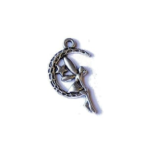 Silver Fairy on Crescent Moon Charm - - LadybugfeetDesigns -