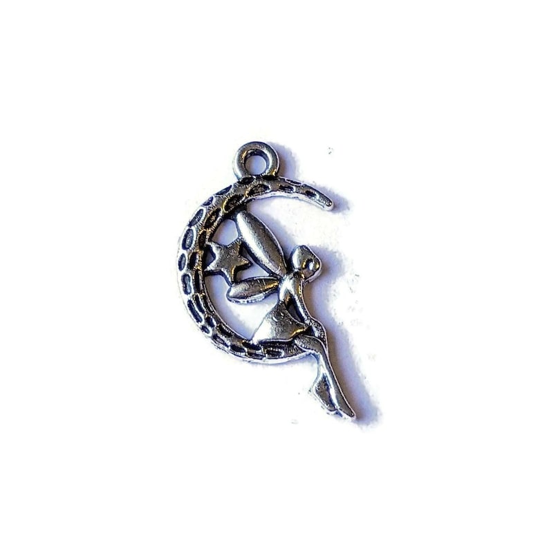 Silver Fairy on Crescent Moon Charm - - LadybugfeetDesigns -