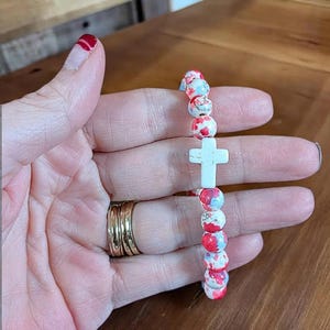 Hot Pink Baby Blue Beaded Cross Stretch bracelet - - LadybugfeetDesigns -