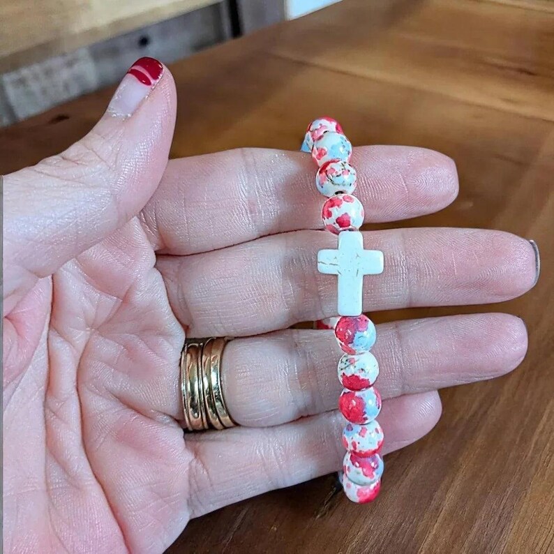 Hot Pink Baby Blue Beaded Cross Stretch bracelet - - LadybugfeetDesigns -