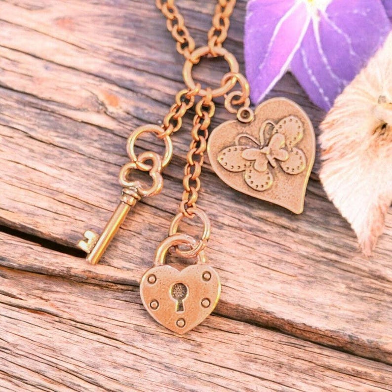 Heart Lock & Key Copper Charm Keeper Necklace, 18-24 inch - - LadybugfeetDesigns -