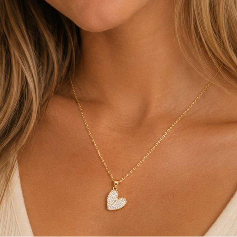 CZ Heart necklace, Gold - 20 inch - - LadybugfeetDesigns -