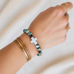 Black Orange Blue Beaded Cross Stretch bracelet - - LadybugfeetDesigns -