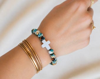 Black Orange Blue Beaded Cross Stretch bracelet