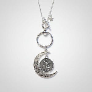Crescent Moon Zodiac Sign Necklace, Silver - 20 inch - - LadybugfeetDesigns -