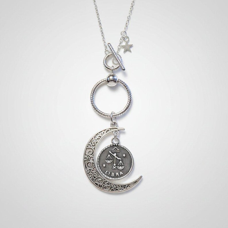 Crescent Moon Zodiac Sign Necklace, Silver - 20 inch - - LadybugfeetDesigns -