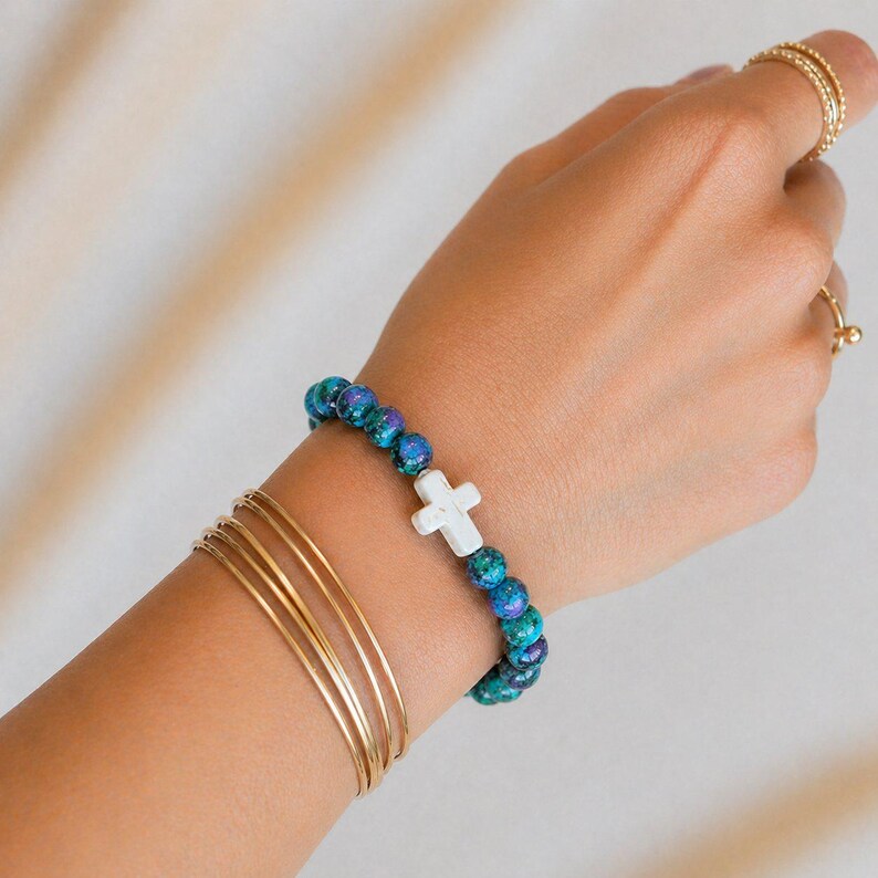Teal Blue Green Beaded Cross Stretch bracelet - - LadybugfeetDesigns -