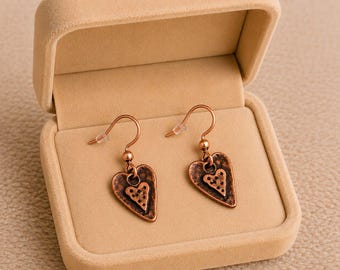 Heart dangle earrings, Copper/Rose Gold