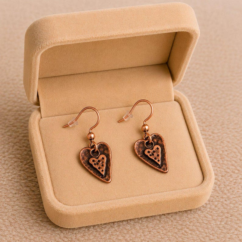 Heart dangle earrings, Copper/Rose Gold - - LadybugfeetDesigns -