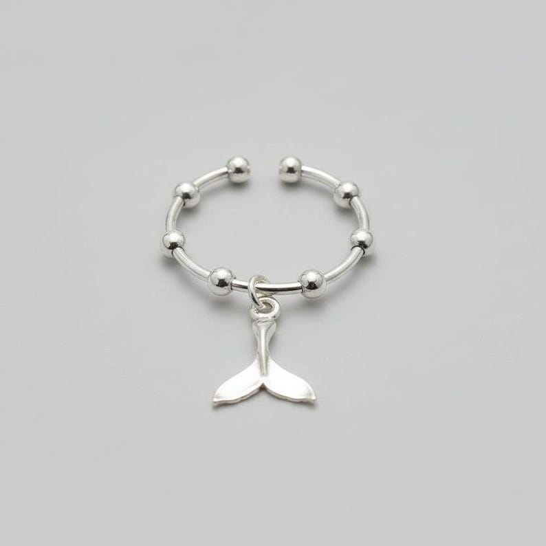 Sterling Silver Whale Tail Adjustable Charm Ring - - LadybugfeetDesigns -