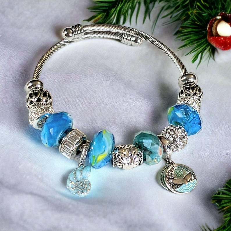 Ocean Lover Euro Cuff Wrap Bracelet, Silver - - LadybugfeetDesigns -