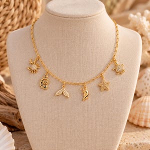 Ocean Lover Multi Charm Link Necklace, Gold- 20 inch - - LadybugfeetDesigns -