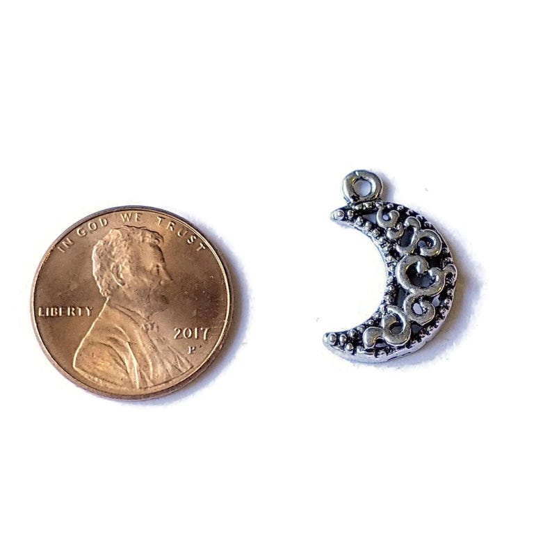 Silver Filigree Crescent Moon Charm - - LadybugfeetDesigns -