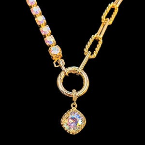 Crystal & Gold Snap Ring Necklace, Gold - 24 inch - - LadybugfeetDesigns -