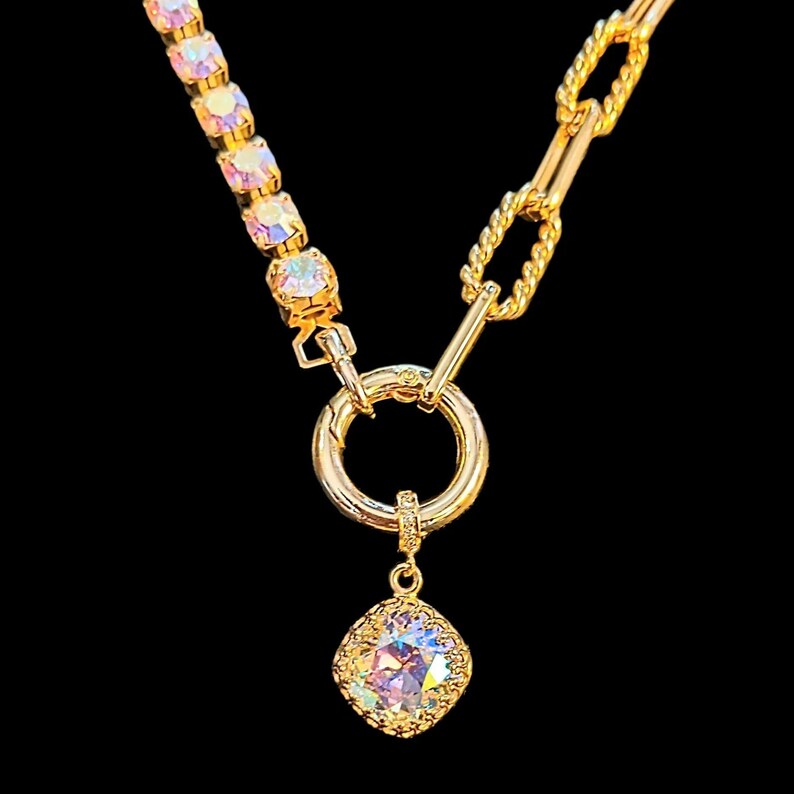 Crystal & Gold Snap Ring Necklace, Gold - 24 inch - - LadybugfeetDesigns -