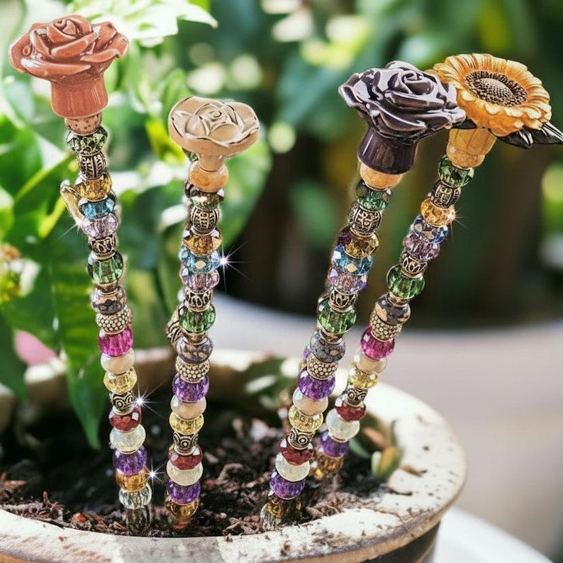 Beaded Crystal Garden Stake/ Suncatcher/ Beaded Crystal 12" or 24" Garden stakes - - LadybugfeetDesigns -