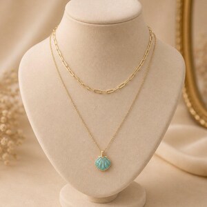 Blue Scallop Shell necklace set, Gold - - LadybugfeetDesigns -