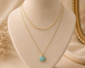 Blue Scallop Shell necklace set, Gold