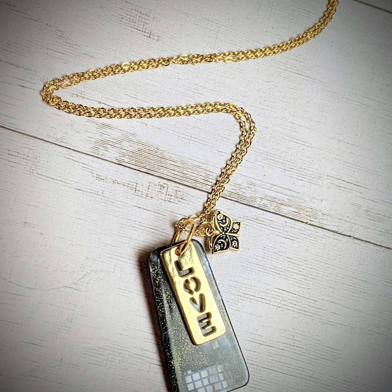 Gold Love Tag necklace, 24 inch - - LadybugfeetDesigns -