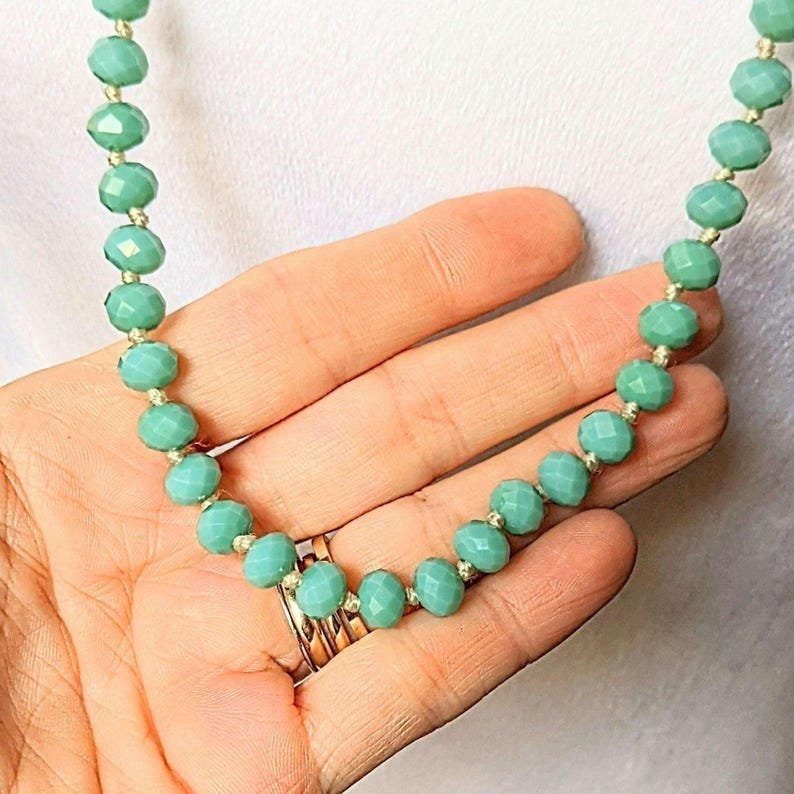 Turquoise Crystal Knotted Necklace -36 inch - - LadybugfeetDesigns -