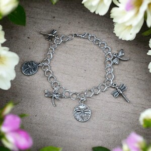 Silver Dragonfly Charm Bracelet - - LadybugfeetDesigns -