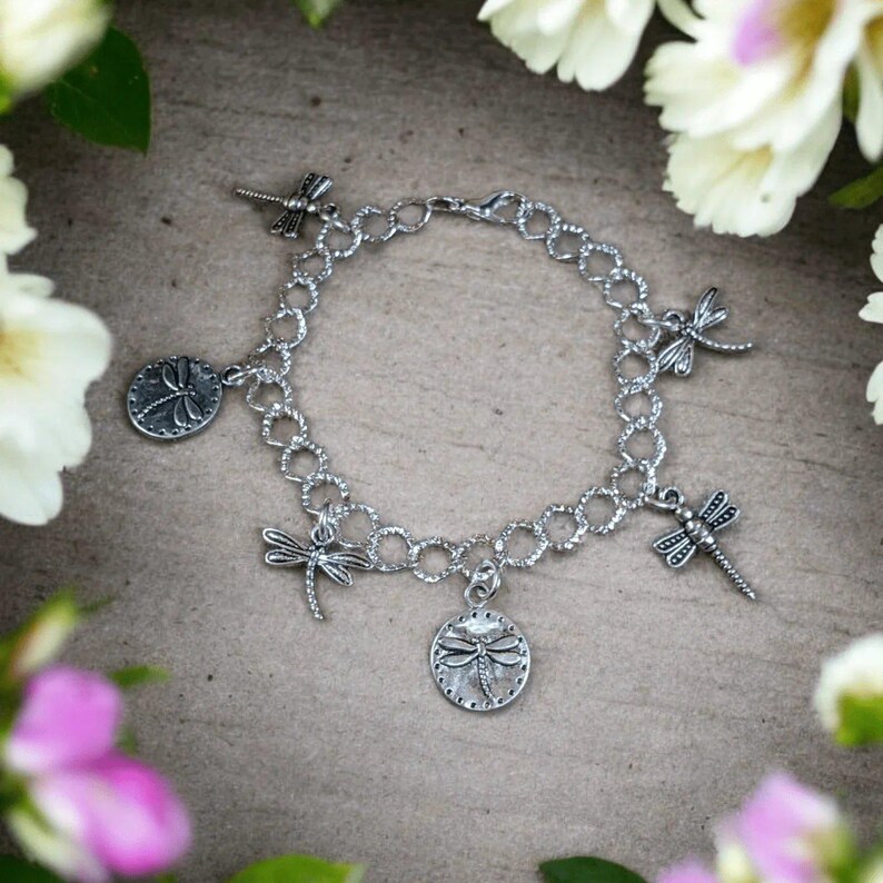 Silver Dragonfly Charm Bracelet - - LadybugfeetDesigns -