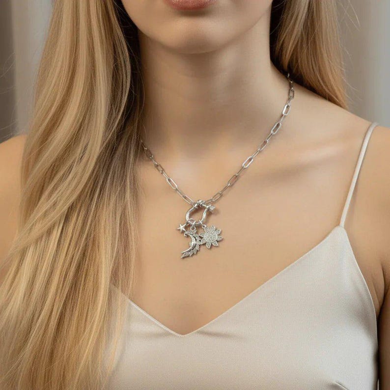 Celestial Moon Face, CZ Sun and Star Shackle Clasp Carabiner Necklace, Silver - 20 inch - - LadybugfeetDesigns -