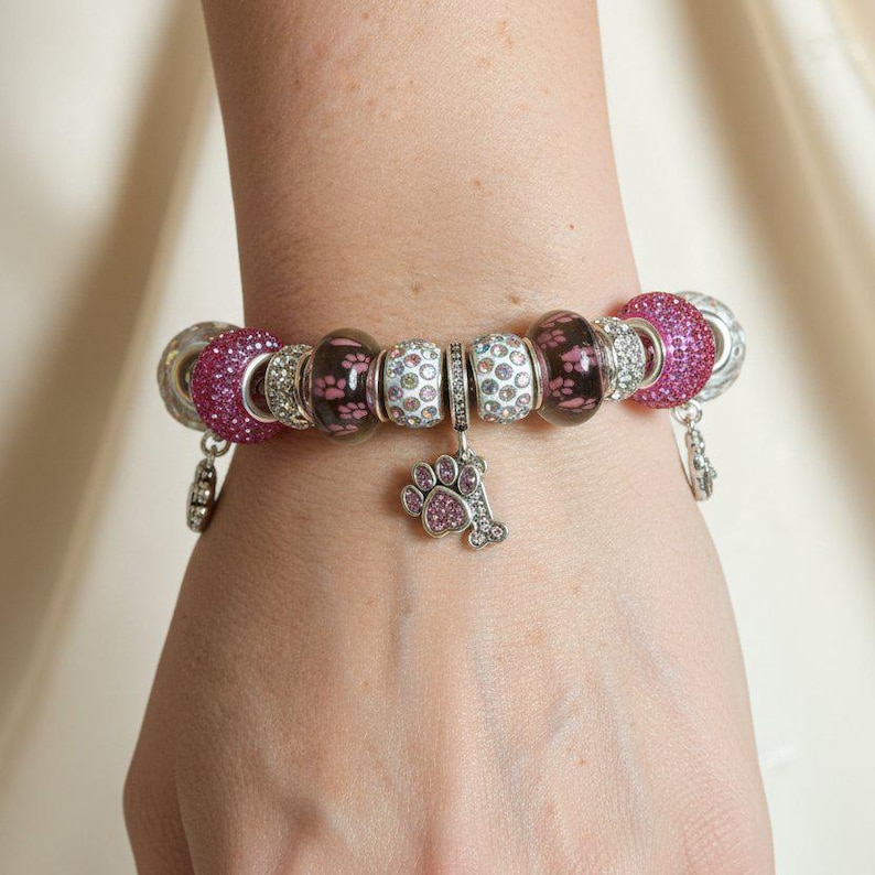 Dog Paw European beaded bracelet - Silver - - LadybugfeetDesigns -