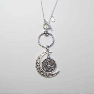 Crescent Moon Zodiac Sign Necklace, Silver - 20 inch - - LadybugfeetDesigns -