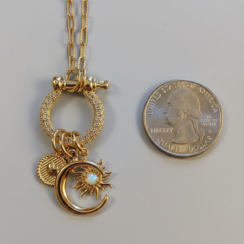 Opal Sun, Crescent Moon and Heart Shackle Clasp Carabiner Necklace, Gold - Adjusts up to 20 inches - - LadybugfeetDesigns -