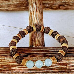 Aquamarine Gemstone Lava Bead Stretch bracelet-MARCH Birthstone - - LadybugfeetDesigns -