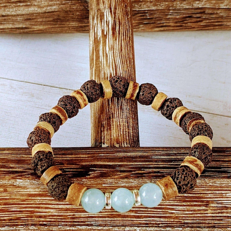 Aquamarine Gemstone Lava Bead Stretch bracelet-MARCH Birthstone - - LadybugfeetDesigns -