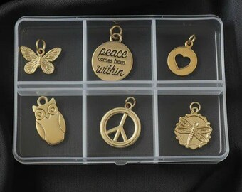 Caja de mini dijes "La paz viene de dentro" - 6 piezas, color dorado