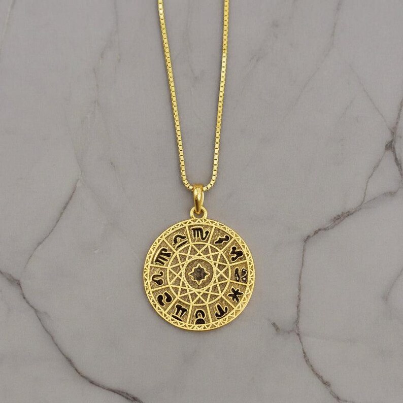 Zodiac Wheel Chart necklace, Gold - adjustable up to 24 inches - - LadybugfeetDesigns -