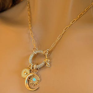 Opal Sun, Crescent Moon and Heart Shackle Clasp Carabiner Necklace, Gold - Adjusts up to 20 inches - - LadybugfeetDesigns -