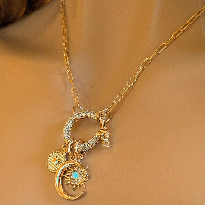 Opal Sun, Crescent Moon and Heart Shackle Clasp Carabiner Necklace, Gold - Adjusts up to 20 inches - - LadybugfeetDesigns -