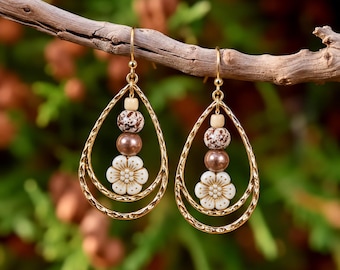 Boho Hammered Teardrop Flower Bead Earrings, Gold