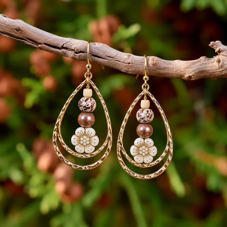Boho Hammered Teardrop Flower Bead Earrings, Gold - - LadybugfeetDesigns -