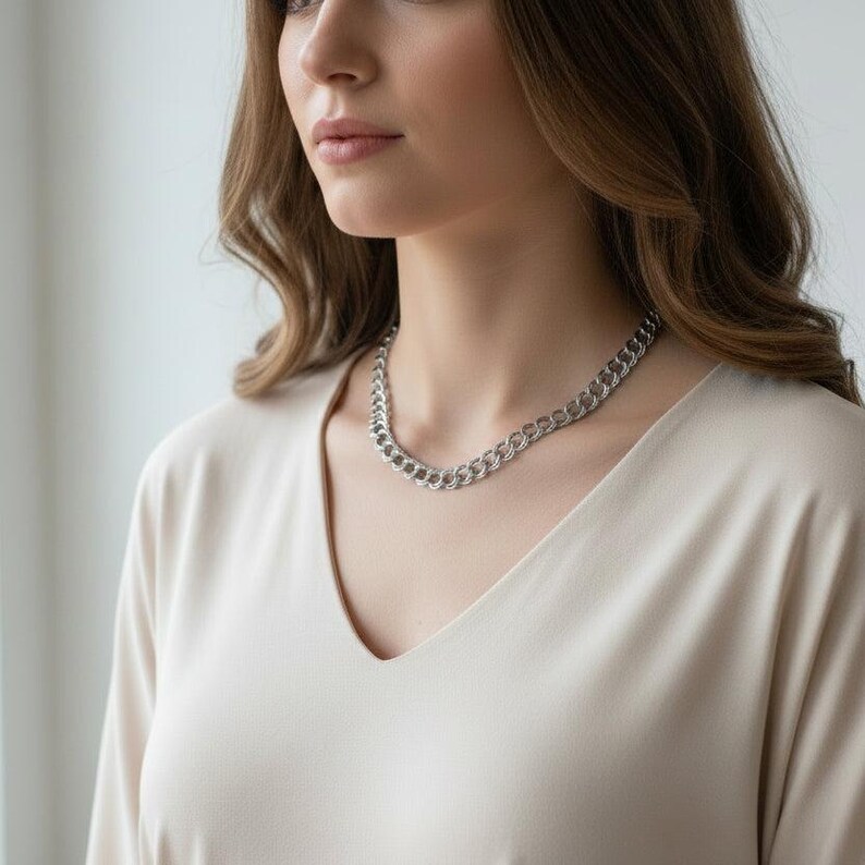 Textured Double Oval Link Necklace, Silver - 18 inch - - LadybugfeetDesigns -