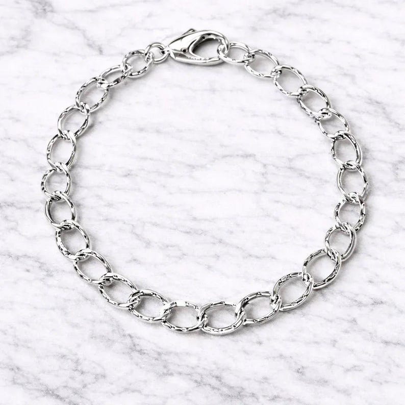 925 Sterling Silver Hammered Oval Link Charm Bracelet Base - D.i.y. - Build Your Charm Bracelet! - - LadybugfeetDesigns -