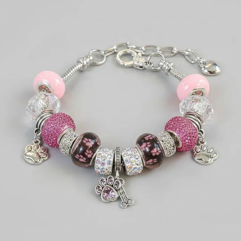 Dog Paw European beaded bracelet - Silver - - LadybugfeetDesigns -