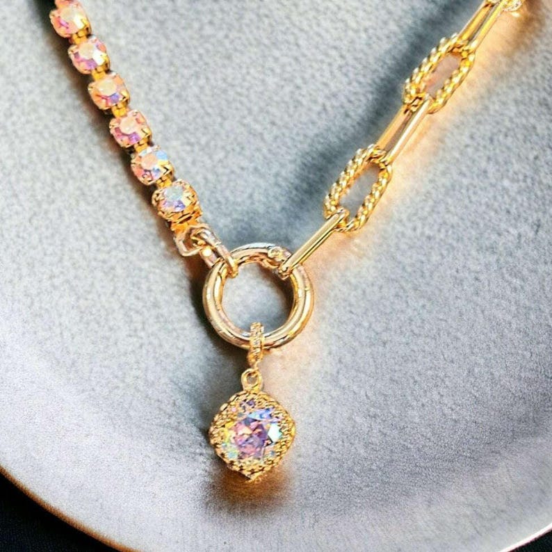 Crystal & Gold Snap Ring Necklace, Gold - 24 inch - - LadybugfeetDesigns -