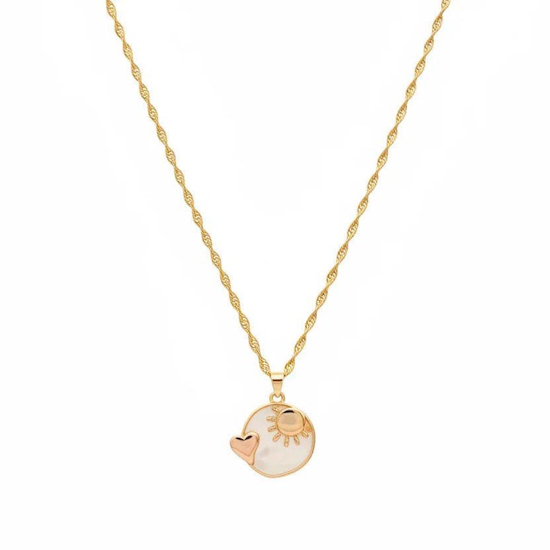 Pearl Shell Heart Sun necklace, Gold- 20 inch - - LadybugfeetDesigns -