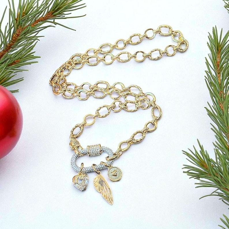 Dragonfly/Fairy Wing, Heart Carabiner Necklace, Gold - Adjusts up to 20 inches - - LadybugfeetDesigns -