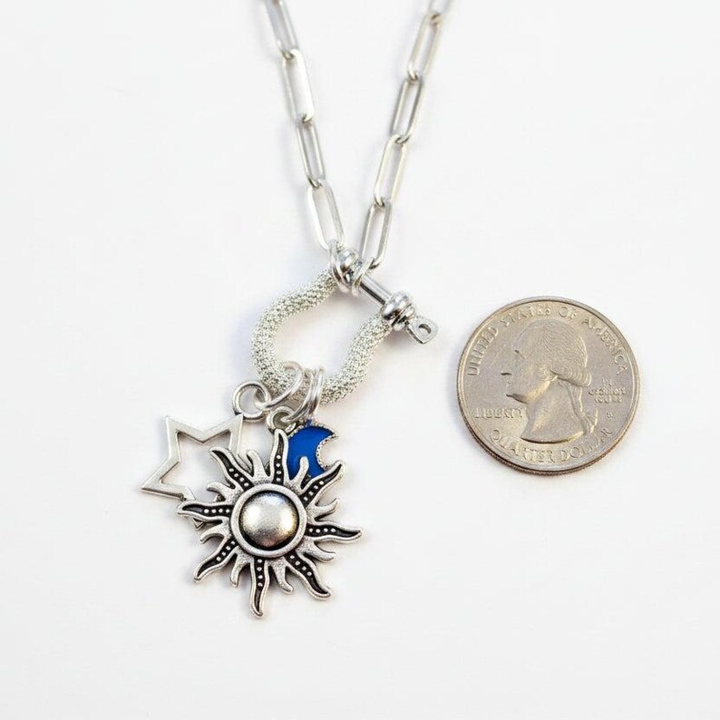 Fiery Sun, Blue Moon and Star Shackle Clasp Carabiner Necklace, Silver - Adjusts up to 20 inches - - LadybugfeetDesigns -