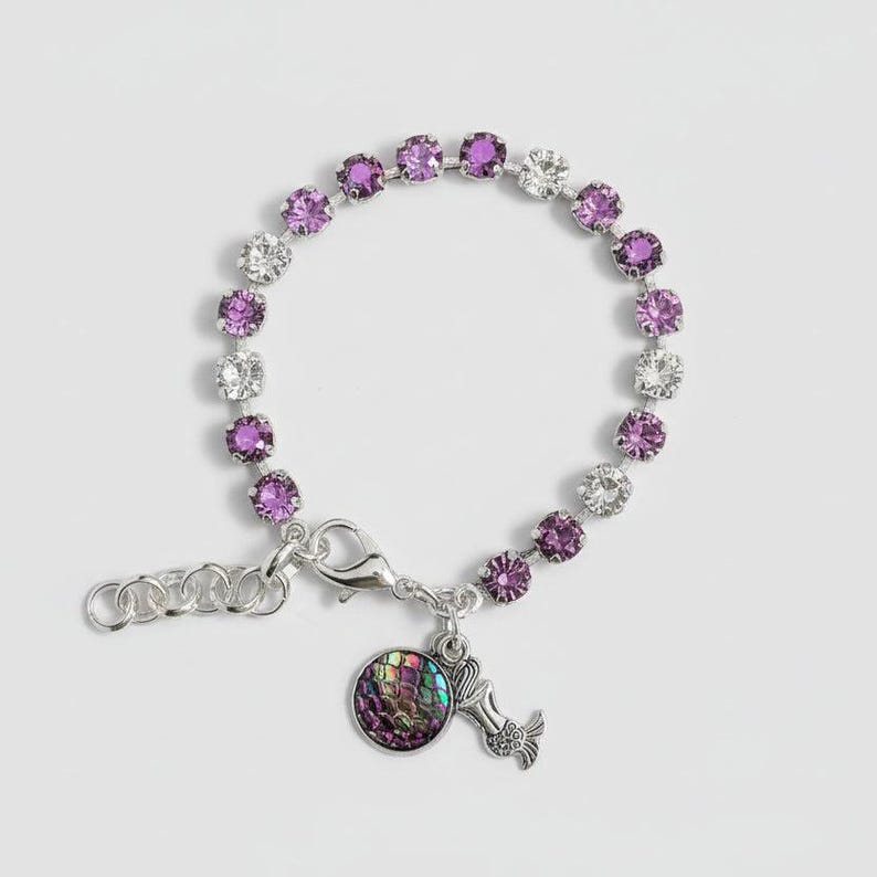 Mermaid Faceted Crystal Bracelet, Silver - - LadybugfeetDesigns -