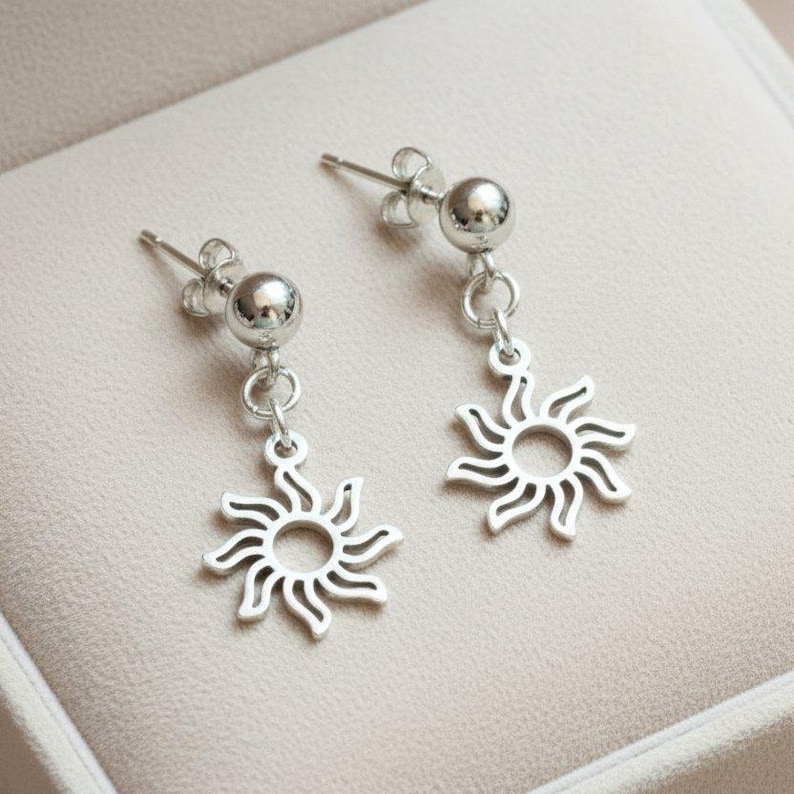 Fiery Sun Charm Drop Stud Earrings-Silver - - LadybugfeetDesigns -