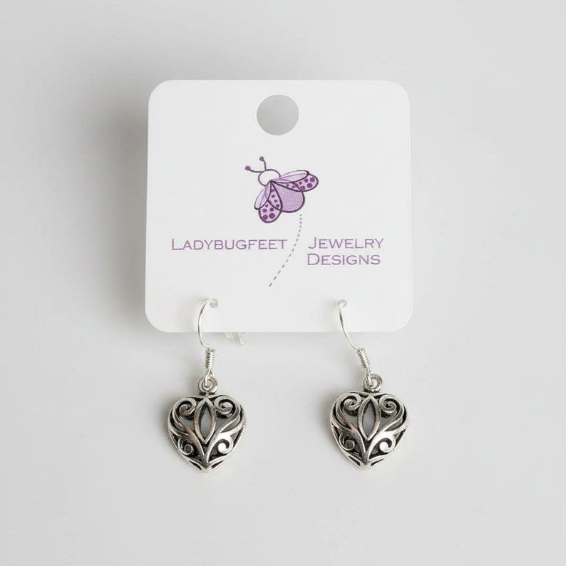 Puffy Heart Filigree Dangle earrings - - LadybugfeetDesigns -