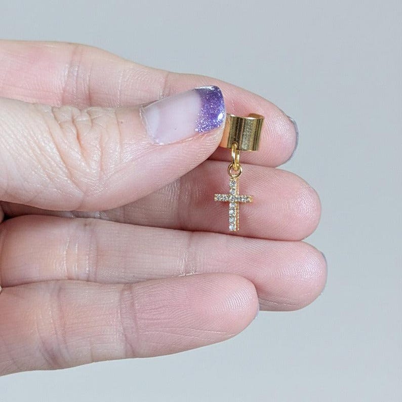CZ Cross Ear Cuff, Gold - - LadybugfeetDesigns -
