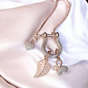 Leaf Butterfly Shackle Clasp Carabiner Charm Necklace, Rose-Gold - Adjustable up to 24 inches - - LadybugfeetDesigns -